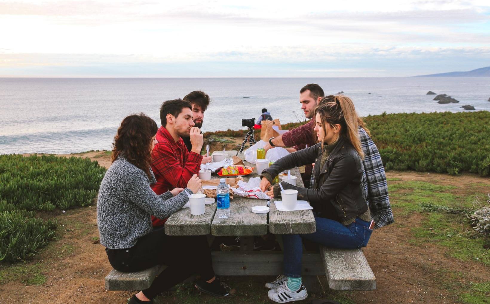 American Dream Experiment- USA social life, people having lunch by the bay