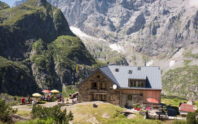 Hikes in Swiss Alps. Kröntenhütte SAC, exterior view.
